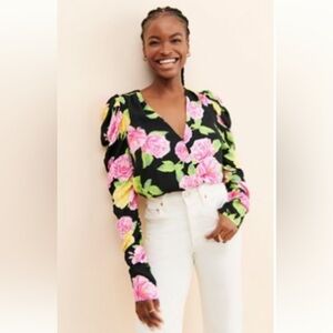 AFRM Danna Surplice Bodysuit Floral Black with Pink and Yellow Roses, 3X